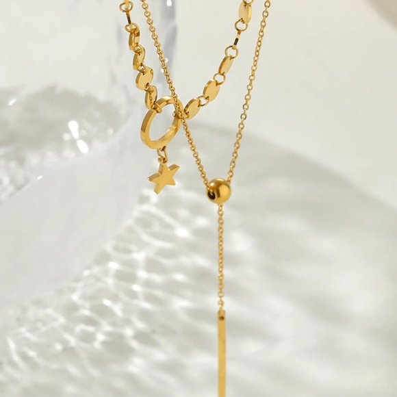 New 18K Gold Plated Circle Bar Coin Star Double Layer Necklace - Picture 5 of 6